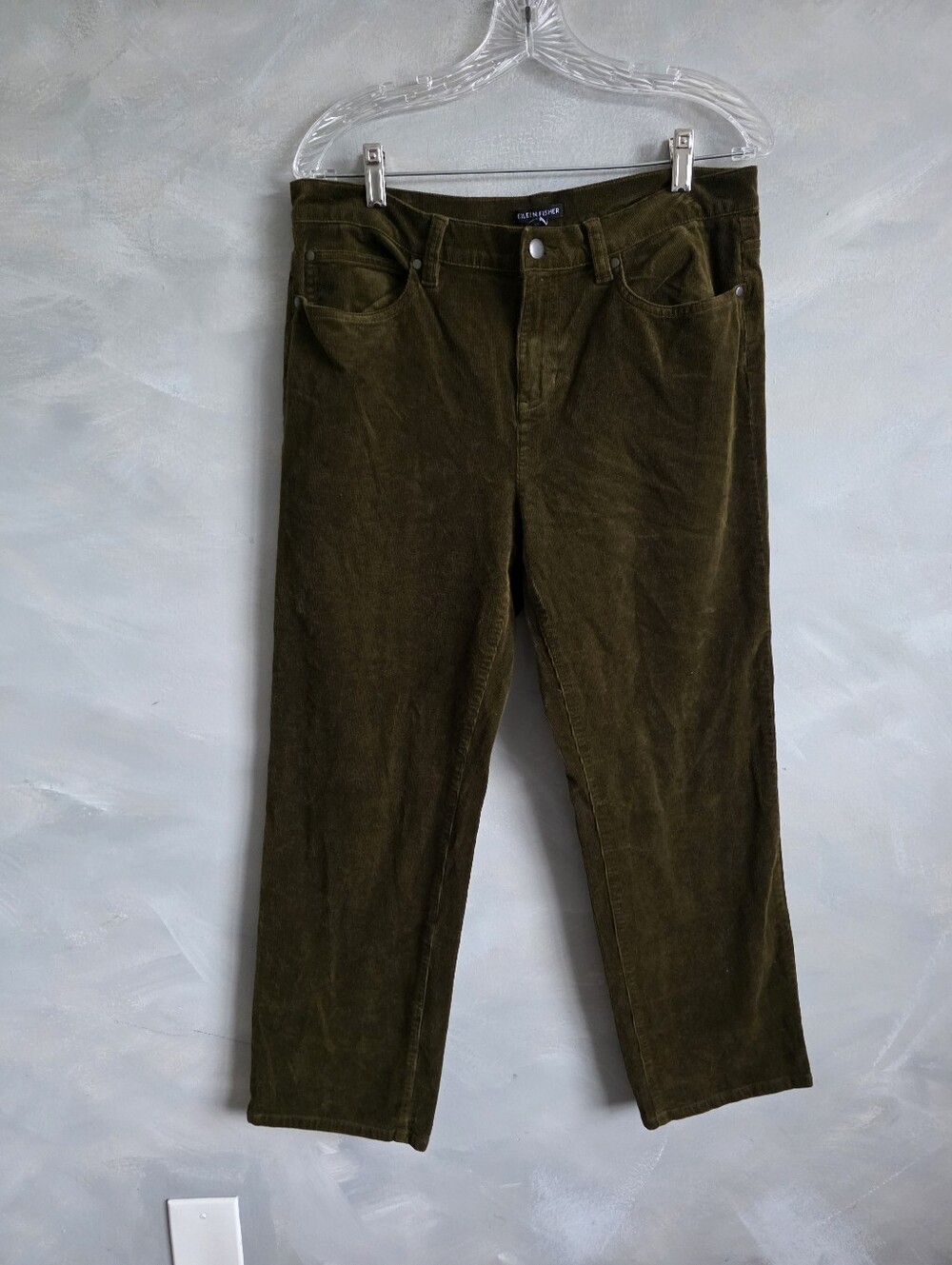 Eileen Fisher Moss Green Brown Corduroy Pants Straight Leg Pockets Classic Sz M